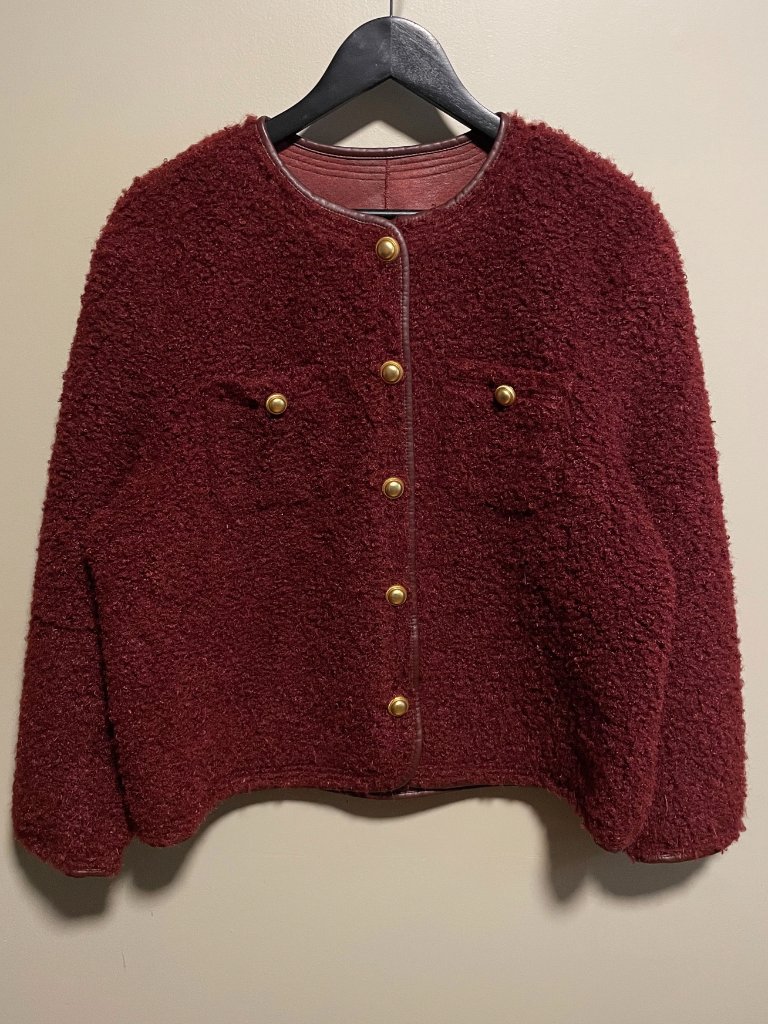 New Goelia Teddy Faux Fur Gold Button Jacket Burgundy Large — image 2 of 6